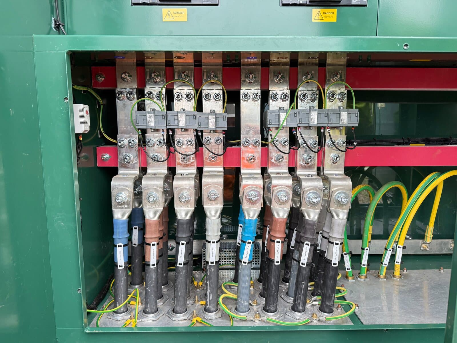 Incoming cables terminated onto the busbar chamber of a feeder pillar, every core identified