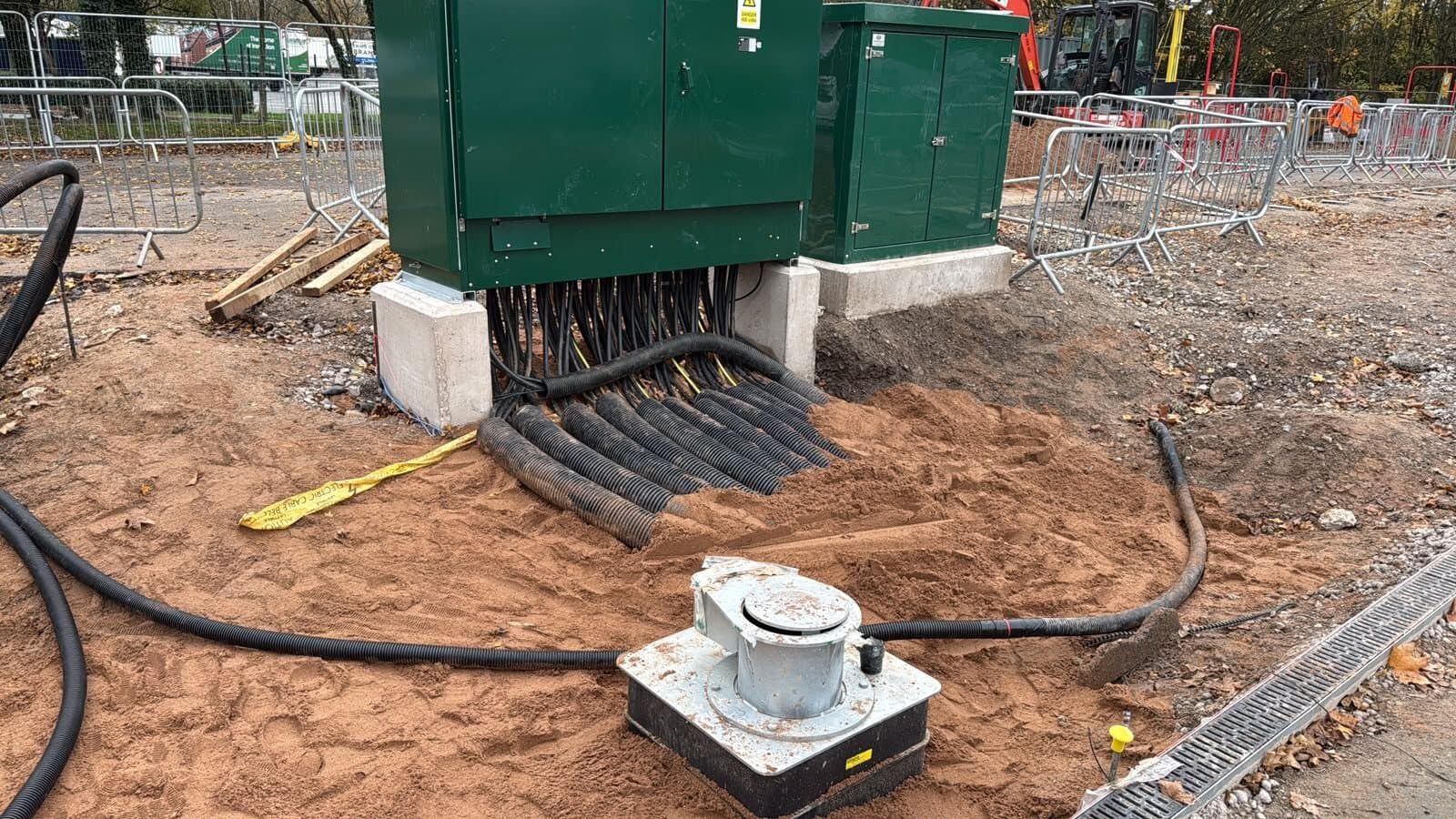 New feeder pillar set on its plinth with the incoming ducts brought up underneath it