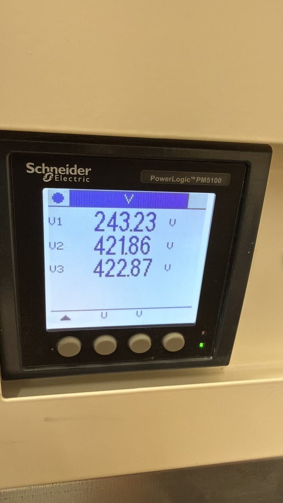 Power meter reading the three line voltages on a newly commissioned supply