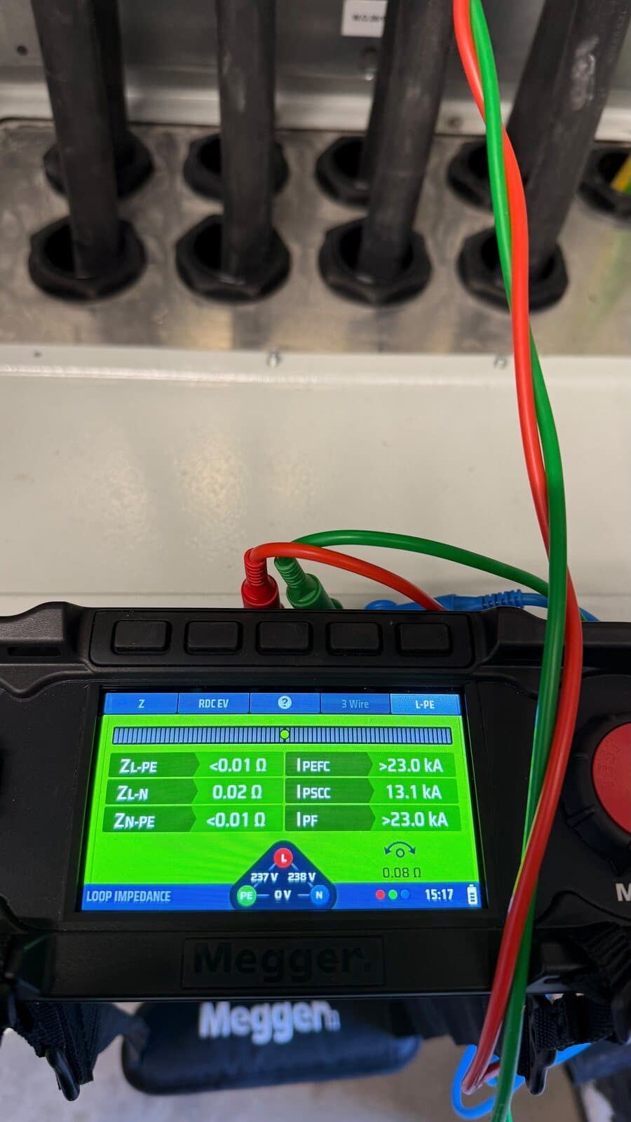 Loop impedance results on a multifunction tester during commissioning of a new supply